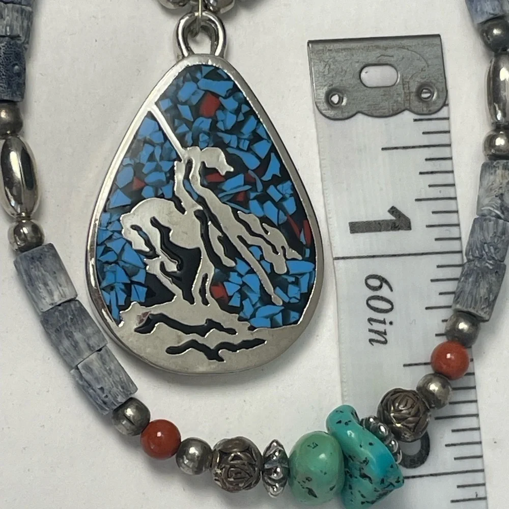 Vintage 1970s Zuni Navajo style nickel silver faux turquoise 2 strand necklace